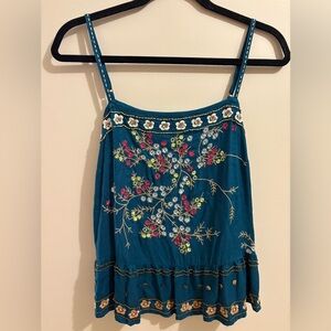 Anthropologie Teal Floral Embroidered Camisole